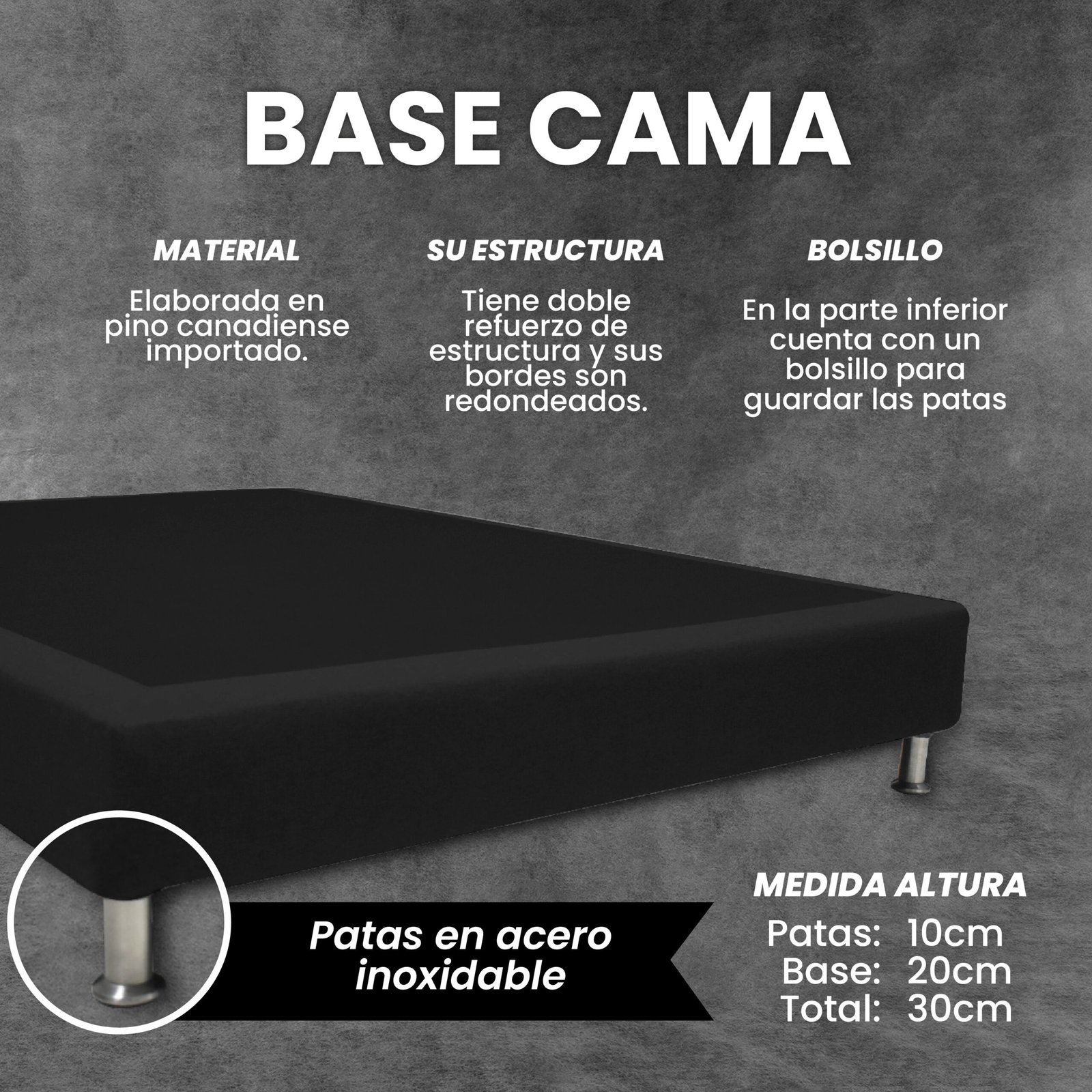 Base Cama Tapizada Negra 140×190 Hotel Dreams