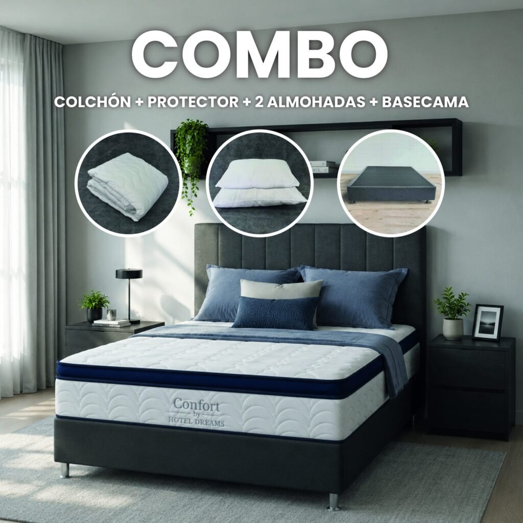 Combo Confort · Protector + 2 Almohadas + Base cama