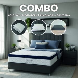 Combo Confort · Protector + 2 Almohadas + Base cama