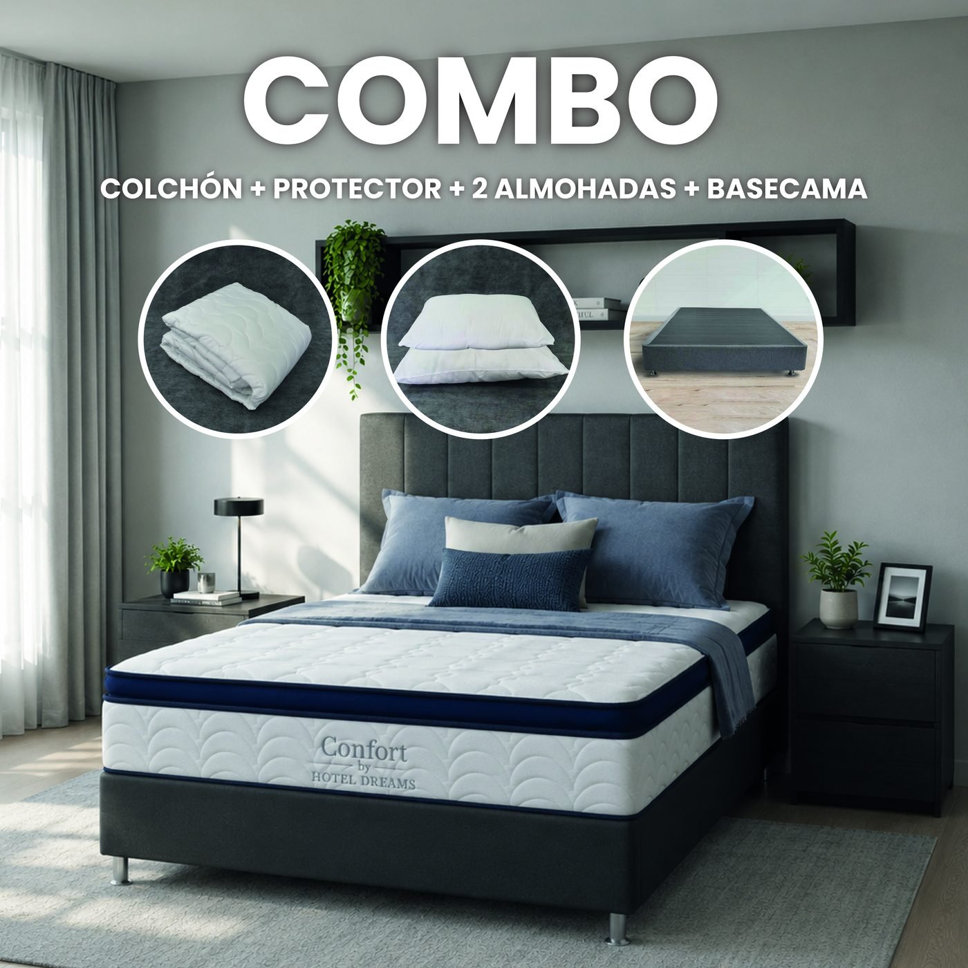 Combo Confort · Protector + 2 Almohadas + Base cama