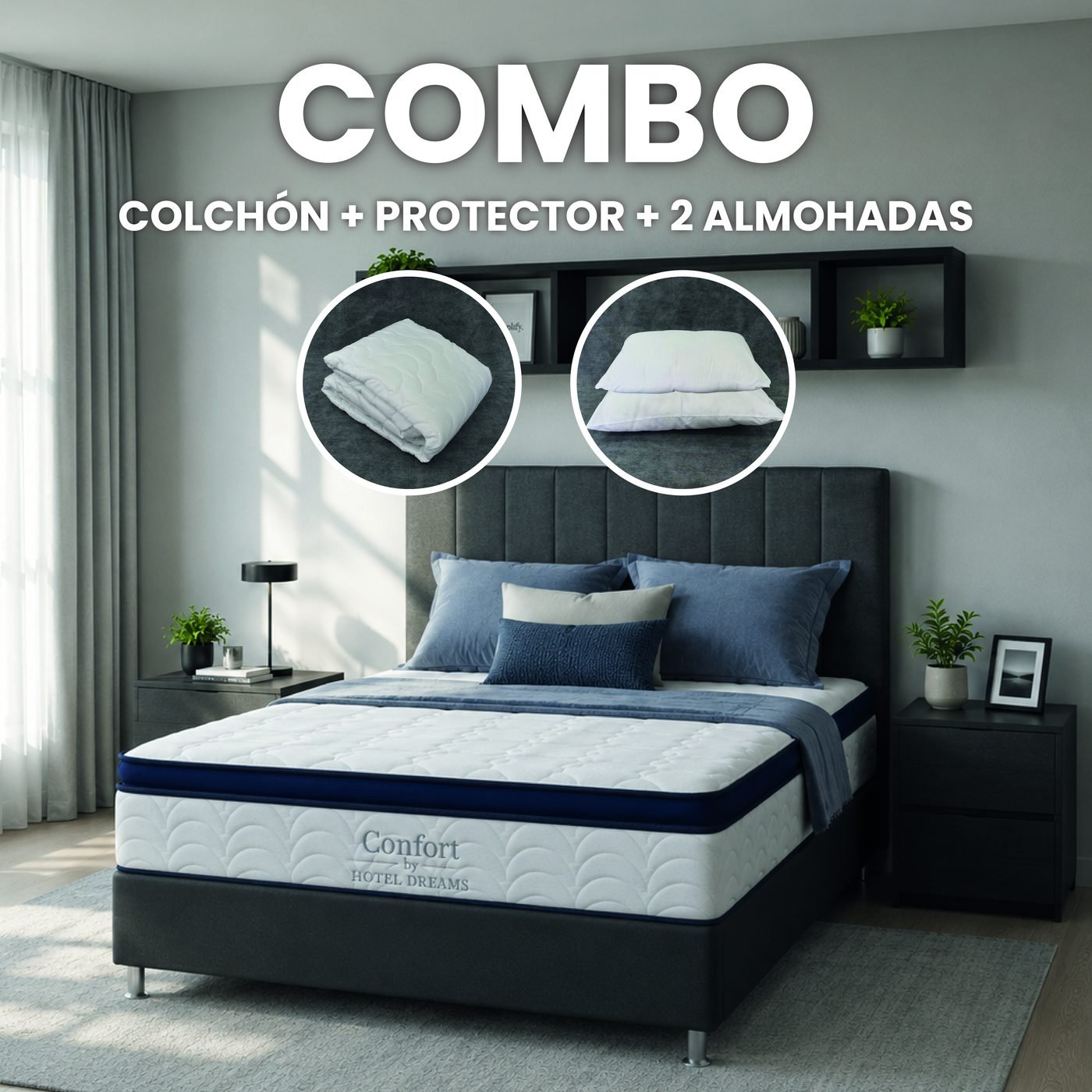 Combo Confort · Protector + 2 Almohadas