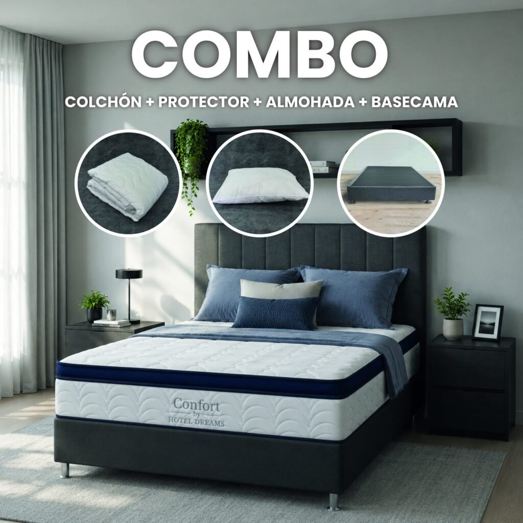 Combo Confort · Protector + Almohada + Base cama