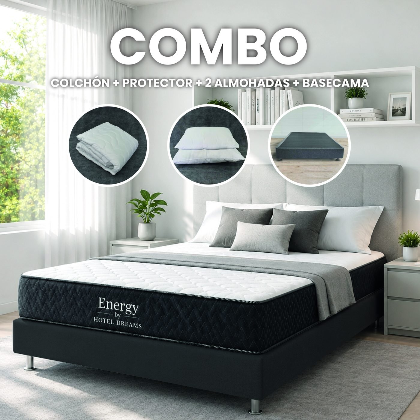 Combo Energy · Protector + 2 Almohadas + Base cama